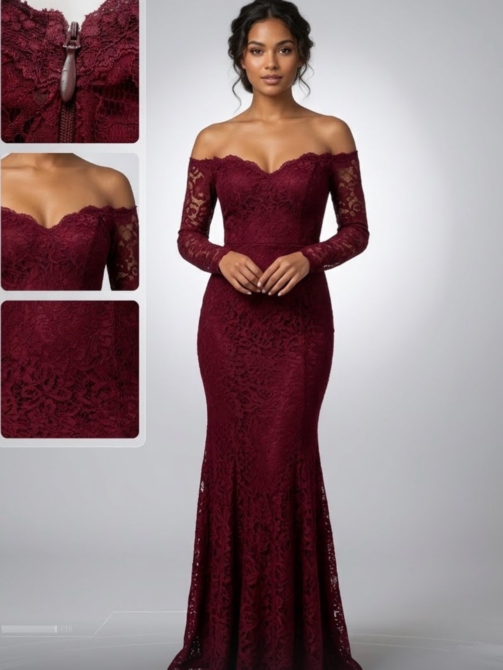 Maniju Burgundy Floral Lace Off-Shoulder Mermaid Maxi Dress XL